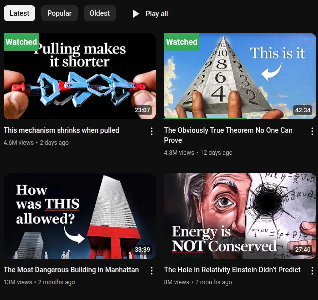YouTube overlay showing viewed videos
